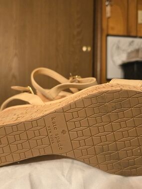kate spade Neutral Beige Cork Wedge Sandals with Gold Buckle